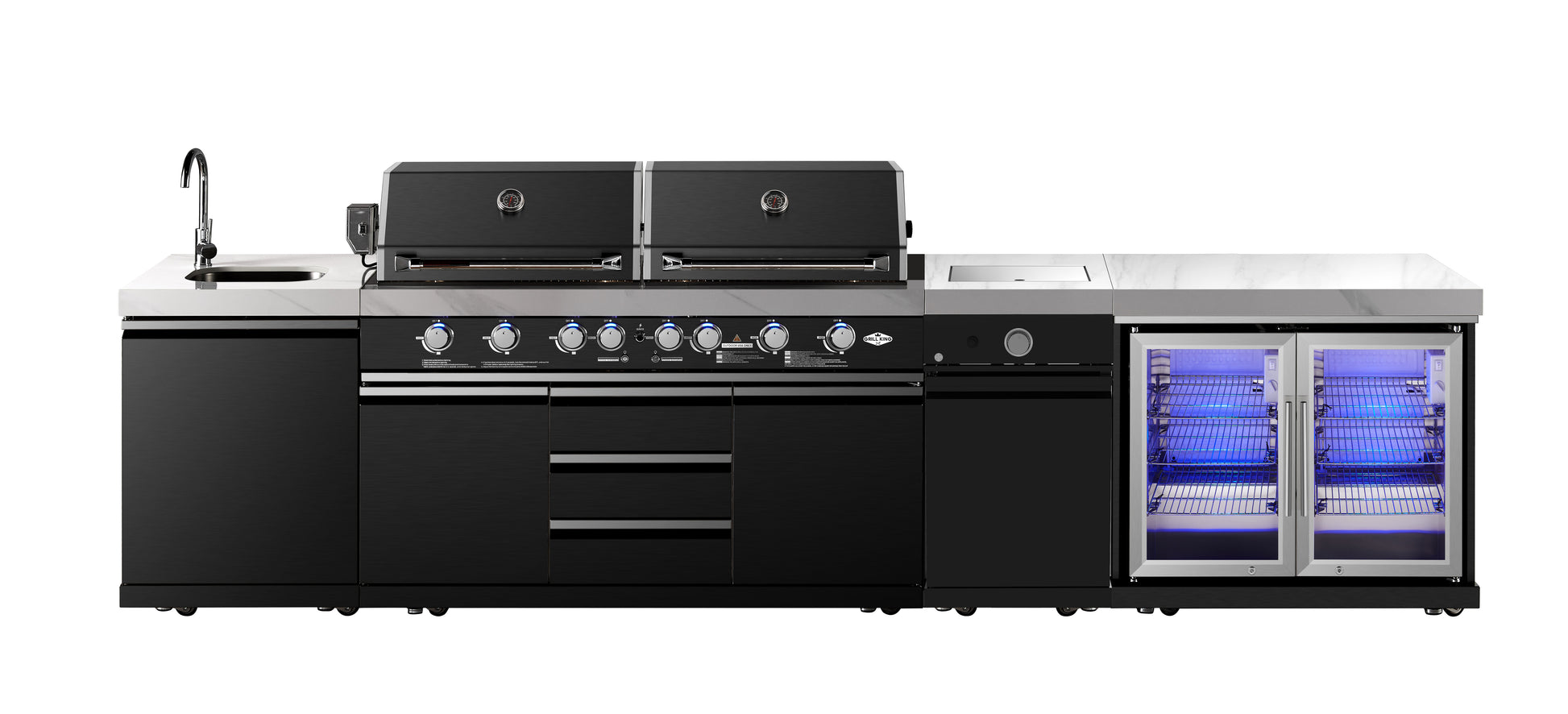 Element Twin Hood 8 Burner Outdoor BBQ Kitchen: High Grade 304 SS + White Stone