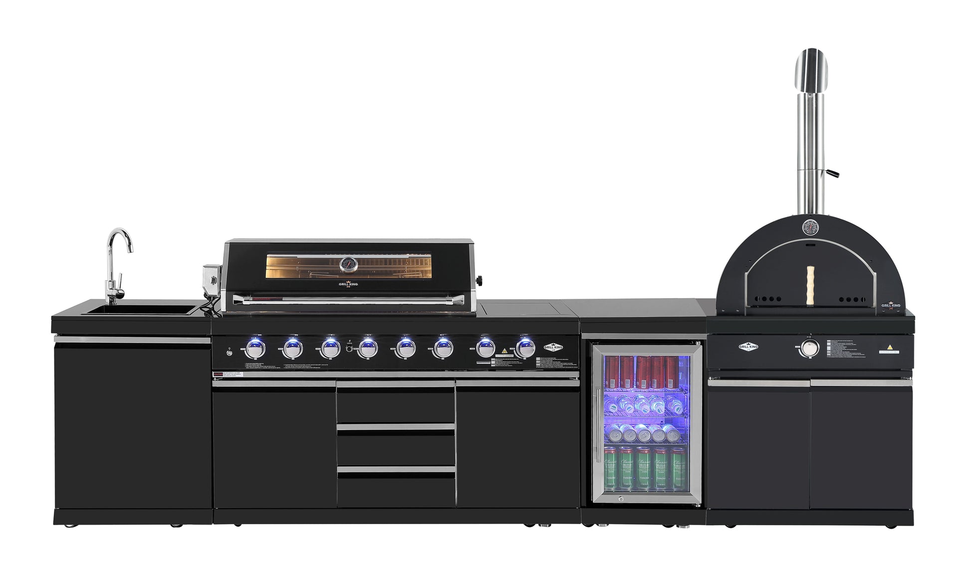 Kingsley 6-Burner Outdoor BBQ Kitchen: Black Stainless Steel, Stone Bench, Fridge, Sink, Height Adjustable, Rotisserie with BBQ Cover