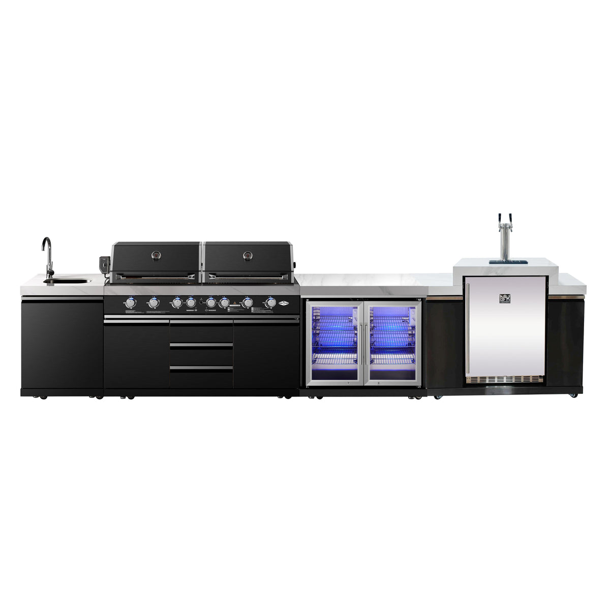 Element Twin Hood 8-Burner Outdoor BBQ Kitchen + 188L Kegerator : Graphite Stainless Steel, Stone Bench, Fridge, Sink, Height Adjustable