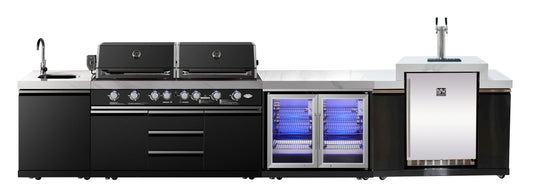 Element Twin Hood 8-Burner Outdoor BBQ Kitchen + 118L Kegerator : Graphite Stainless Steel, Stone Bench, Fridge, Sink, Height Adjustable, Rotisserie with BBQ Cover