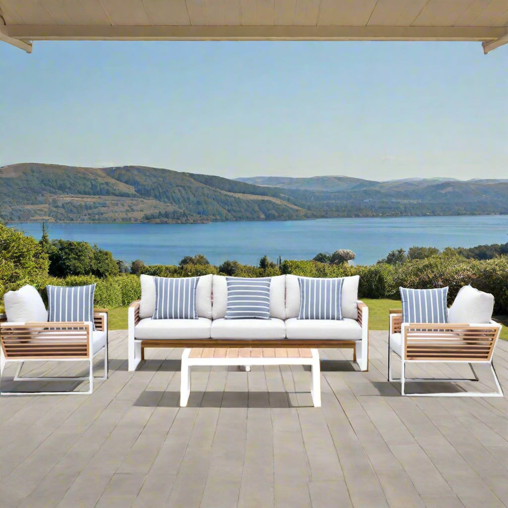 Morlaix 4 Piece Hampton Style Designer Outdoor Lounge Set: White Aluminium, Acacia Wood, Table & Cushions