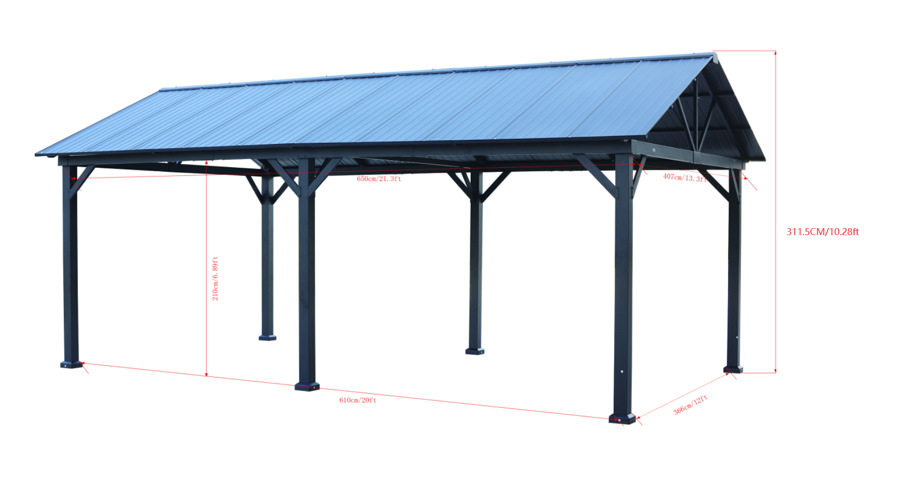 GazeboMate 3.66m x 6.1m Galvanized Steel Hardtop Gazebo with Sleek Aluminum Legs | Black Powdercoated