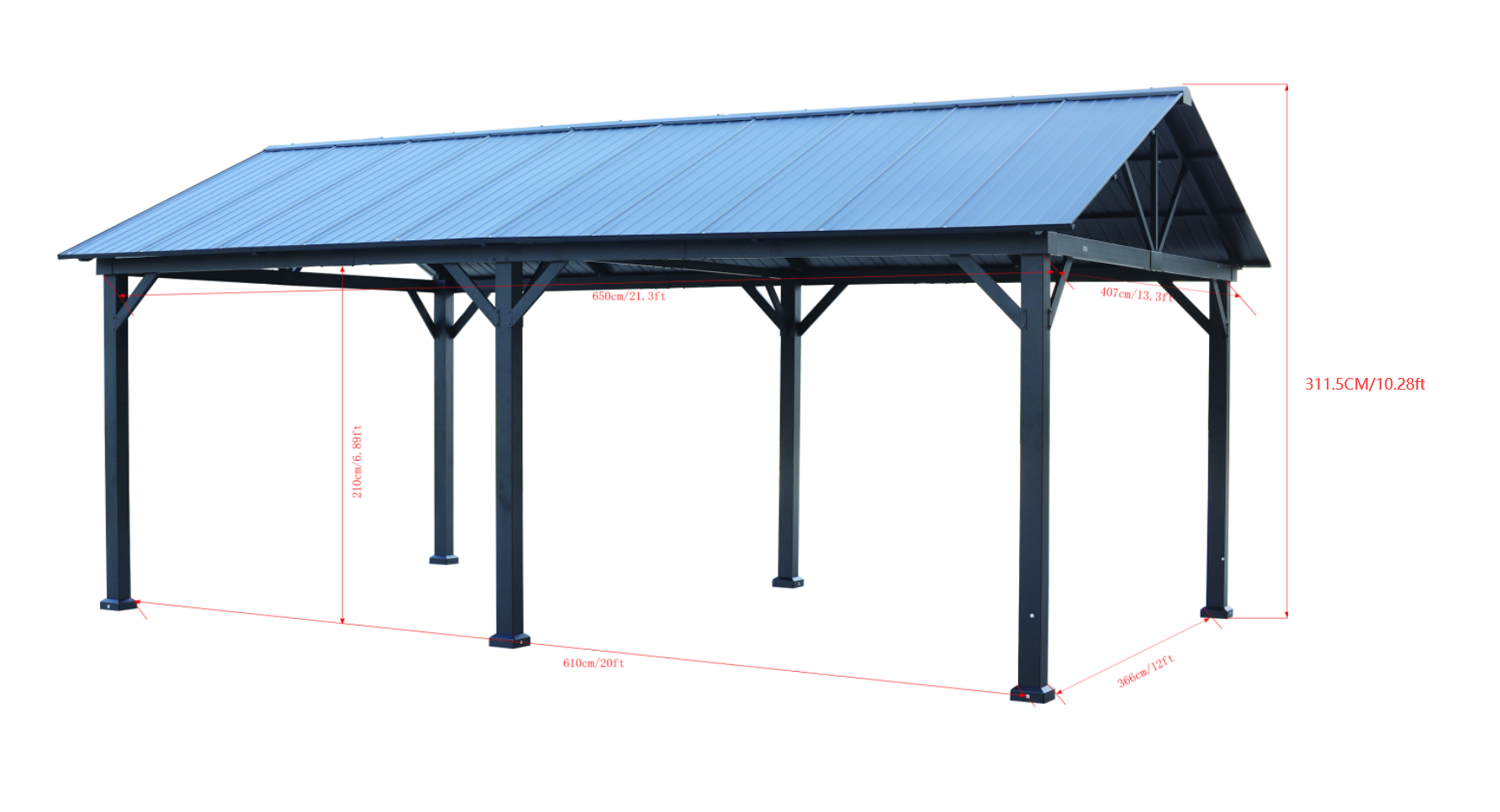 GazeboMate 3.66m x 6.1m  Galvanized Steel Hardtop Gazebo with Sleek Aluminum Legs | Black Powdercoated