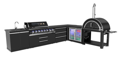 test rey 1 Kingsley L Shape Corner 6-Burner Outdoor BBQ Kitchen: Black Stainless Steel, Stone Bench, Fridge, Sink, Height Adjustable
