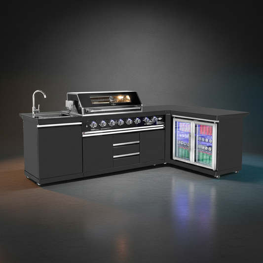 Kingsley L Shape Corner 6-Burner Outdoor BBQ Kitchen: Black Stainless Steel, Stone Bench, Fridge, Sink, Height Adjustable