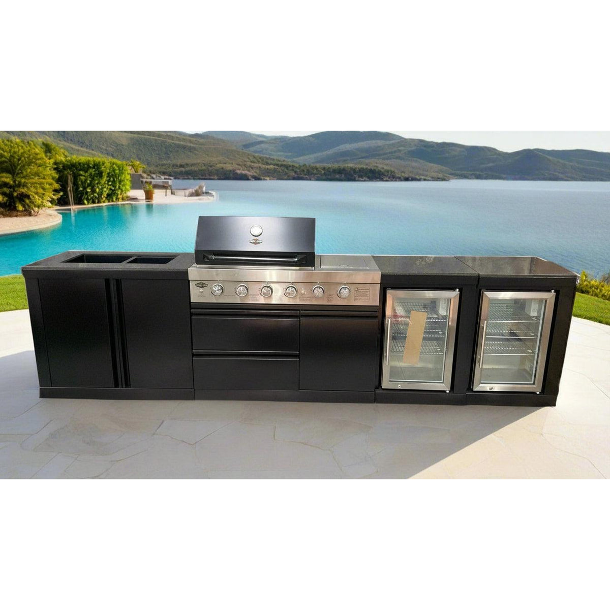 Black 304SS 4 Burner + Wok BBQ Kitchen Inc Wok & Rear Infrared Burner, Fridge & Sink