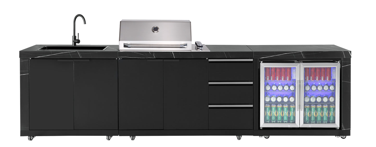 Rockpool Black 4B Raised Hood BBQ Kitchen + 3 Draws Module (BBQ Only Fridge Sink Sold Seperate) - LPG Inc Rotisserie & BBQ Cover