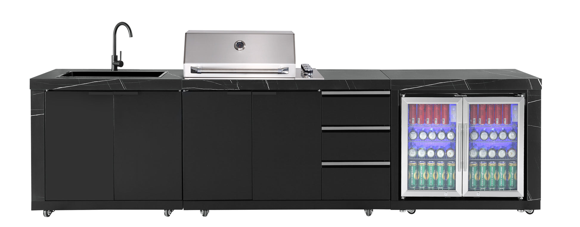 Rockpool Black 4B Raised Hood BBQ Kitchen + 3 Draws Module (BBQ Only Fridge Sink Sold Seperate) - LPG Inc Rotisserie & BBQ Cover