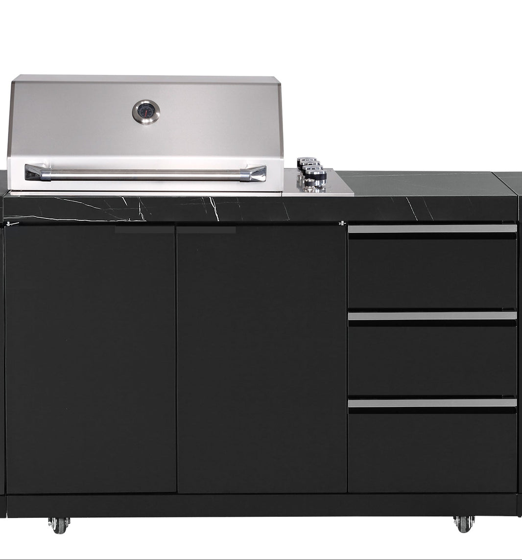 Rockpool Black 4B Raised Hood BBQ Kitchen + 3 Draws Module (BBQ Only Fridge Sink Sold Seperate) - LPG Inc Rotisserie & BBQ Cover