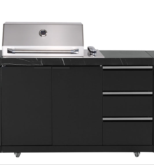 Rockpool Black 4B Raised Hood BBQ Kitchen + 3 Draws Module (BBQ Only Fridge Sink Sold Seperate) - LPG Inc Rotisserie & BBQ Cover
