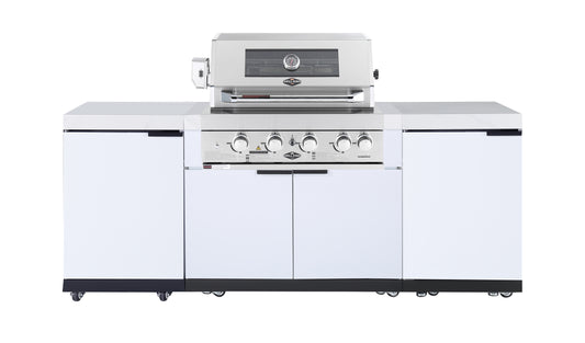 4B BBQ Package in Rockpool White, White Cabinetry Inc Storage Cupboards, Height Adjustable Legs, Castors, Rear Infrared Burner