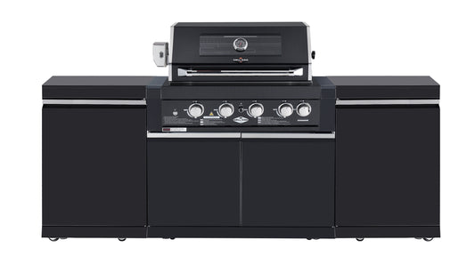 Black Stainless 4 Burner Built In BBQ Kitchen Package, Storage Cupboards, Rotisserie & Covers