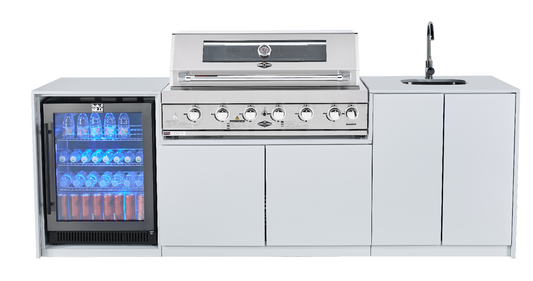 Grill King Signature Series Outdoor BBQ Kitchen Package – Rockpool White Stone Bench-Top, White Aluminium Cabinets | 6-Burner Built-In BBQ + Rotisserie + 120L Outdoor Fridge