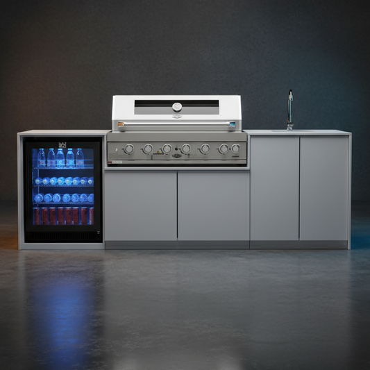 Grill King Signature Series Outdoor BBQ Kitchen Package โ Rockpool White Stone Bench-Top, White Aluminium Cabinets | 6-Burner Built-In BBQ + Rotisserie + 150L Outdoor Fridge
