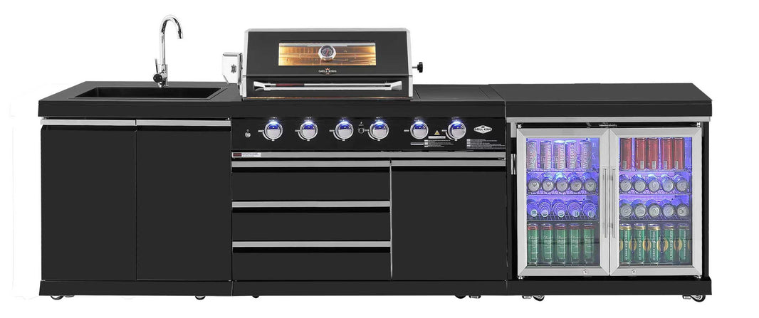 Grill King 4-Burner + Wok Outdoor BBQ Kitchen – Black 304 Stainless Steel, Sink & Fridge Ready