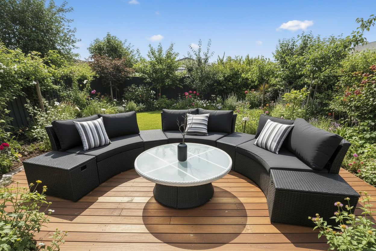 Kabul Rattan Half Moon Sofa Black Outdoor Furniture Set - EX DISPLAY