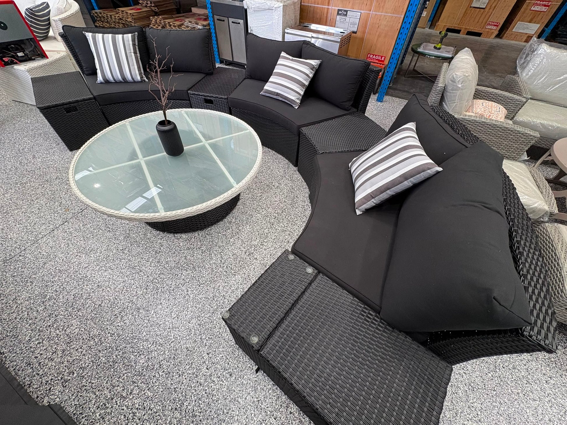 Kabul Rattan Half Moon Sofa Black Outdoor Furniture Set - EX DISPLAY