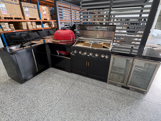 Floor Stock L Shape Corner 6-Burner nonwok Inc 2DR Sink, 208L Fridge, Corner Module, and 27'inch Smoker with Cabinet