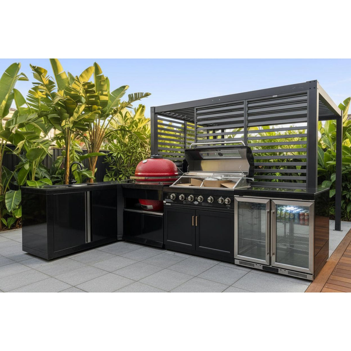 Floor Stock L Shape Corner 6-Burner nonwok Inc 2DR Sink, 208L Fridge, Corner Module, and 27'inch Smoker with Cabinet