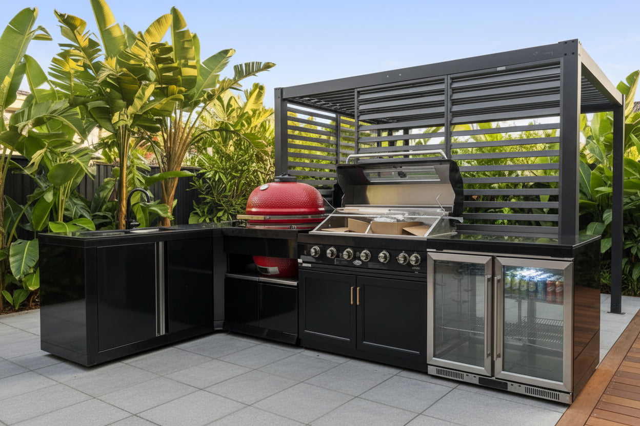 Floor Stock L Shape Corner 6-Burner nonwok Inc 2DR Sink, 208L Fridge, Corner Module, and 27'inch Smoker with Cabinet