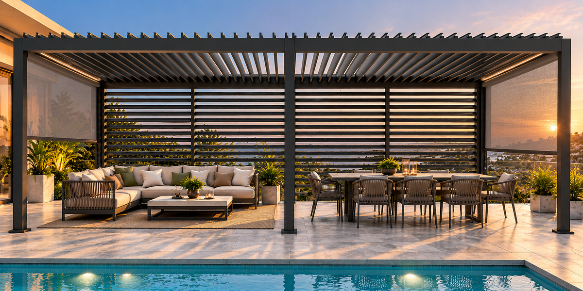 GazeboMate 3.6m × 7.2m Aluminium Louvered Pergola & Retractable Privacy Screen – Monument