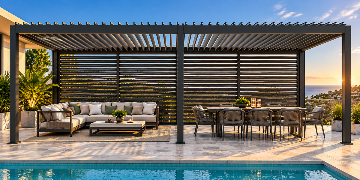 GazeboMate 3.6m × 7.2m Aluminium Louvered Pergola & Retractable Privacy Screen – Monument