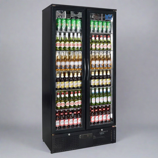 Tropical Rated Triple Glazed Double Door Commercial 458ltr Upright Wine Bar Fridge Black