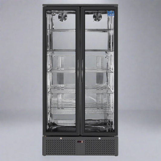 Tropical Rated Triple Glazed Double Door Commercial 458ltr Upright Wine Bar Fridge Black