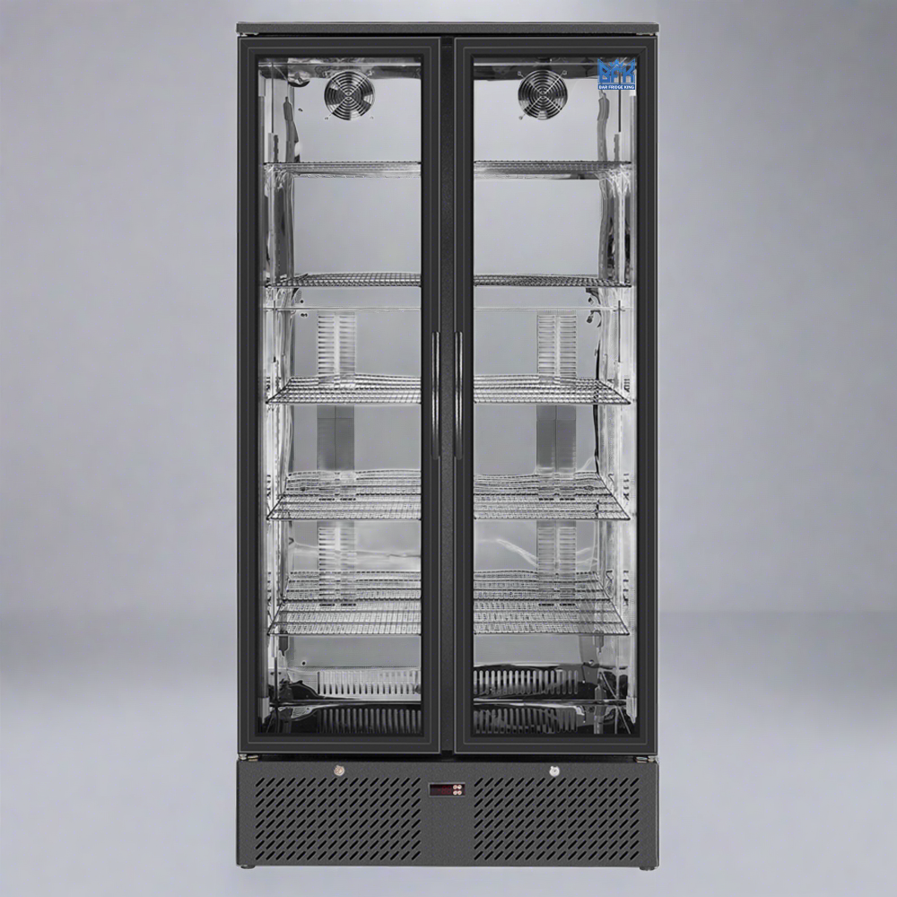 Floor Stock 458L Tropical Rated Triple Glazed Double Door Commercial 458ltr Upright Wine Bar Fridge Black