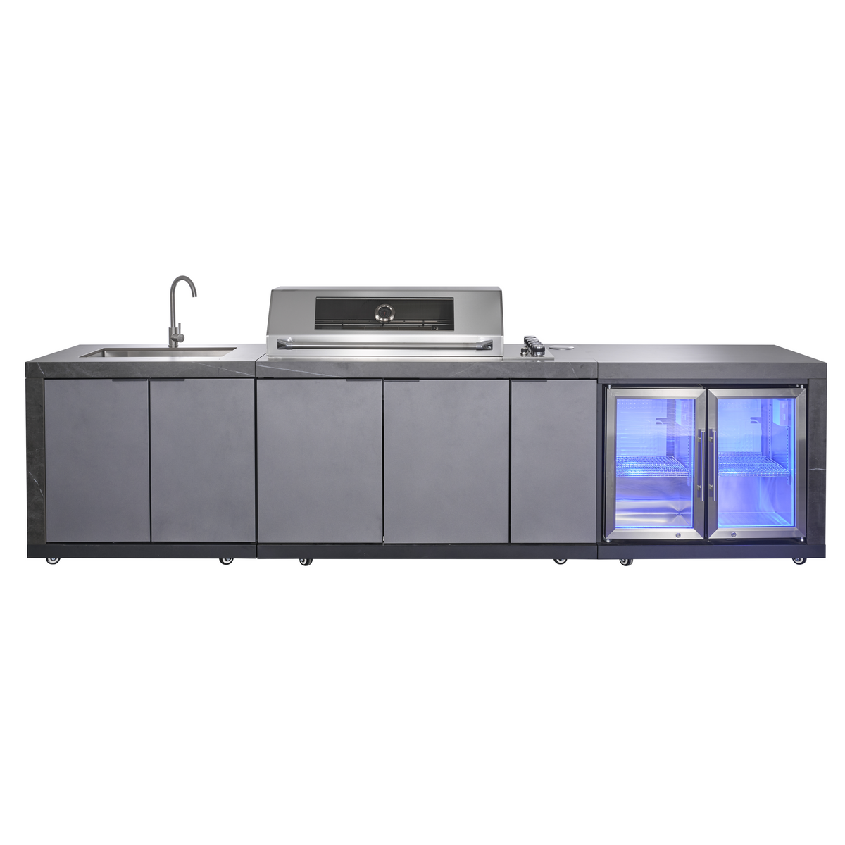 Deep Charcoal 6B Drop In BBQ Kitchen Package Inc sintered stone benchtops, Aluminium Cabinets, Weather Resistant, Fridge & Sink
