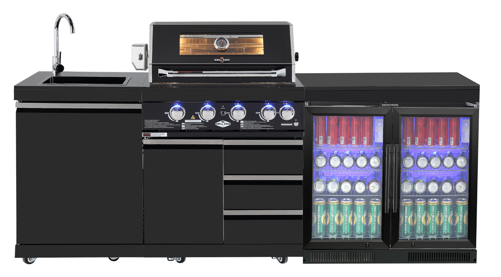 Kingsley 4 Burner Non Wok Black Stainless Steel BBQ Package Inc Pizza Oven, 2DR Fridge, 2DR Sink