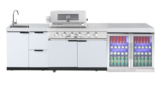 4-Burner + Wok SS Built-In BBQ Outdoor Kitchen with 208L Bar Fridge - Rockpool White