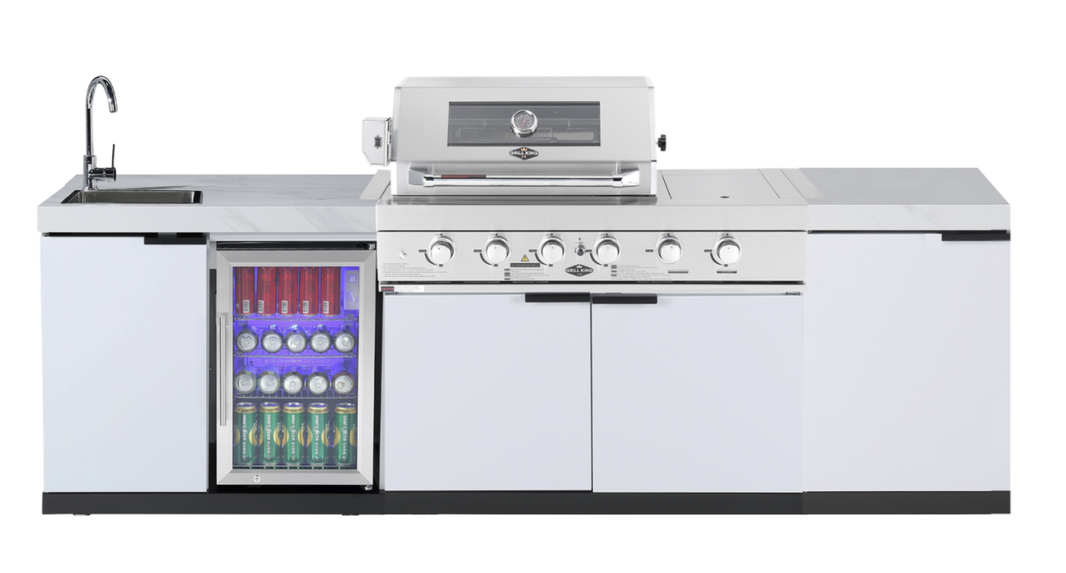 4-Burner + Wok SS Built-In BBQ Outdoor Kitchen with Sink & Fridge Combo + Storage Cabinet - Rockpool White