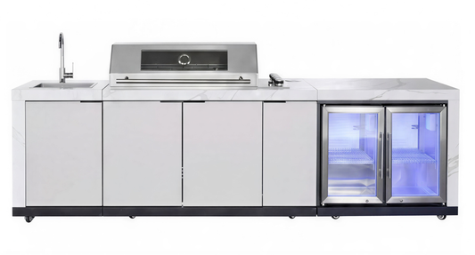 Rockpool 6B Drop In BBQ Kitchen Package Inc sintered stone benchtops, Aluminium Cabinets, Weather Resistant, 2 door Fridge & 1 Door Sink