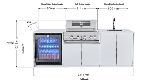 Grill King Signature Series Outdoor BBQ Kitchen Package โ Rockpool White Stone Bench-Top, White Aluminium Cabinets | 4-Burner Built-In BBQ + Rotisserie + 150L Outdoor Fridge
