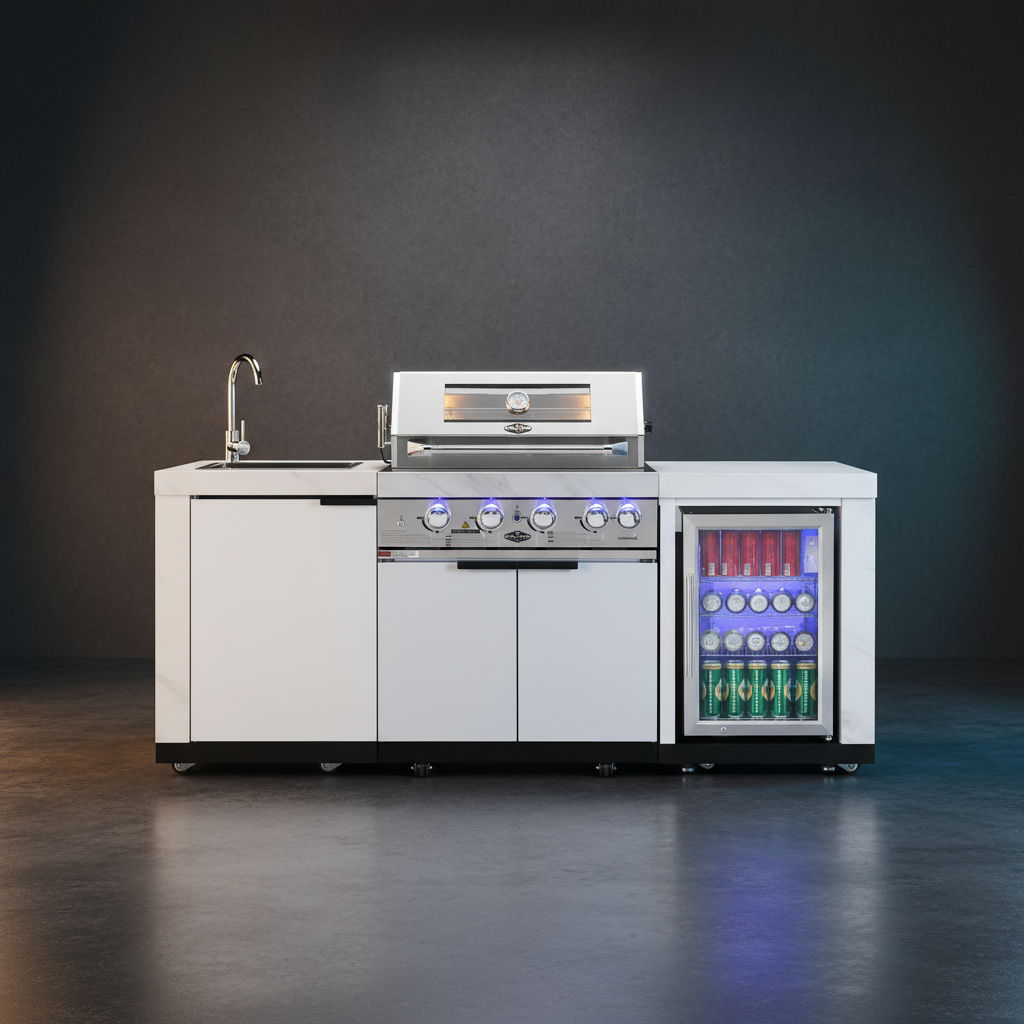 Rockpool White 4B: Designer Outdoor BBQ Kitchen Matt White Stone + White Doors, Fridge & Sink