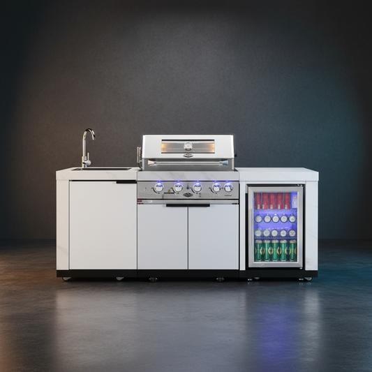 Rockpool White 4B: Designer Outdoor BBQ Kitchen Matt White Stone + White Doors, Fridge & Sink