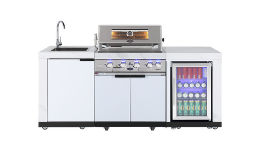 Rockpool White 4B: Designer Outdoor BBQ Kitchen Matt White Stone + White Doors, Fridge & Sink 2.9M | 2DR Fridge + 2DR Sink