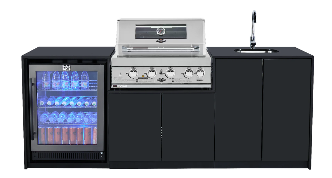 Grill King Signature Series Outdoor BBQ Kitchen Package – Black Stone Bench-Top, Black Aluminium Cabinets | 4-Burner Built-In BBQ + Rotisserie + 150L Outdoor Fridge