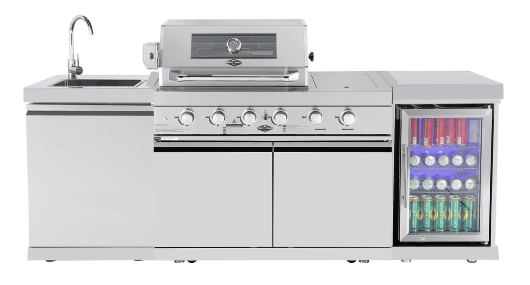 4-Burner + Wok SS Built-In BBQ Outdoor Kitchen with Hurricane Sink & Fridge