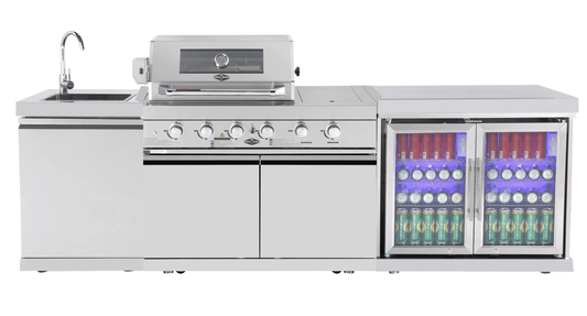 4-Burner + Wok SS Built-In BBQ Outdoor Kitchen with Hurricane Sink & Fridge