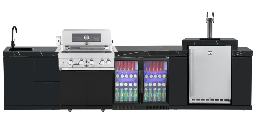 4-Burner SS Built-In BBQ Outdoor Kitchen with Sink, 208L Fridge, Kegerator - Rockpool Black