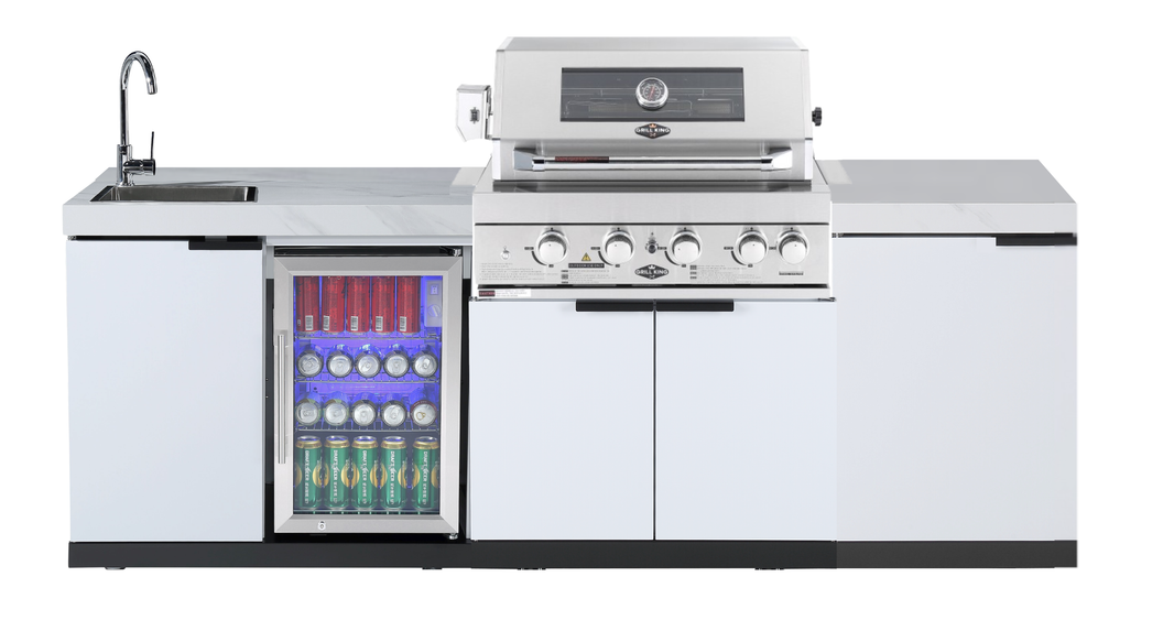 4-Burner SS Built-In BBQ Outdoor Kitchen with Sink & Fridge Combo + Storage Cabinet - Rockpool White
