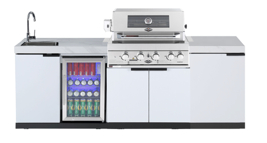 4-Burner SS Built-In BBQ Outdoor Kitchen with Sink & Fridge Combo + Storage Cabinet - Rockpool White