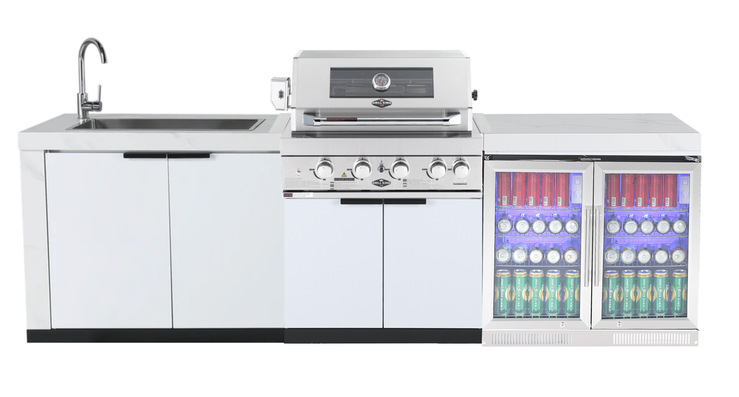 4-Burner SS Built-In BBQ Outdoor Kitchen with 208L Bar Fridge - Rockpool White