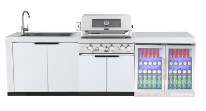 test rey 1 4-Burner SS Built-In BBQ Outdoor Kitchen with 208L Bar Fridge - Rockpool White