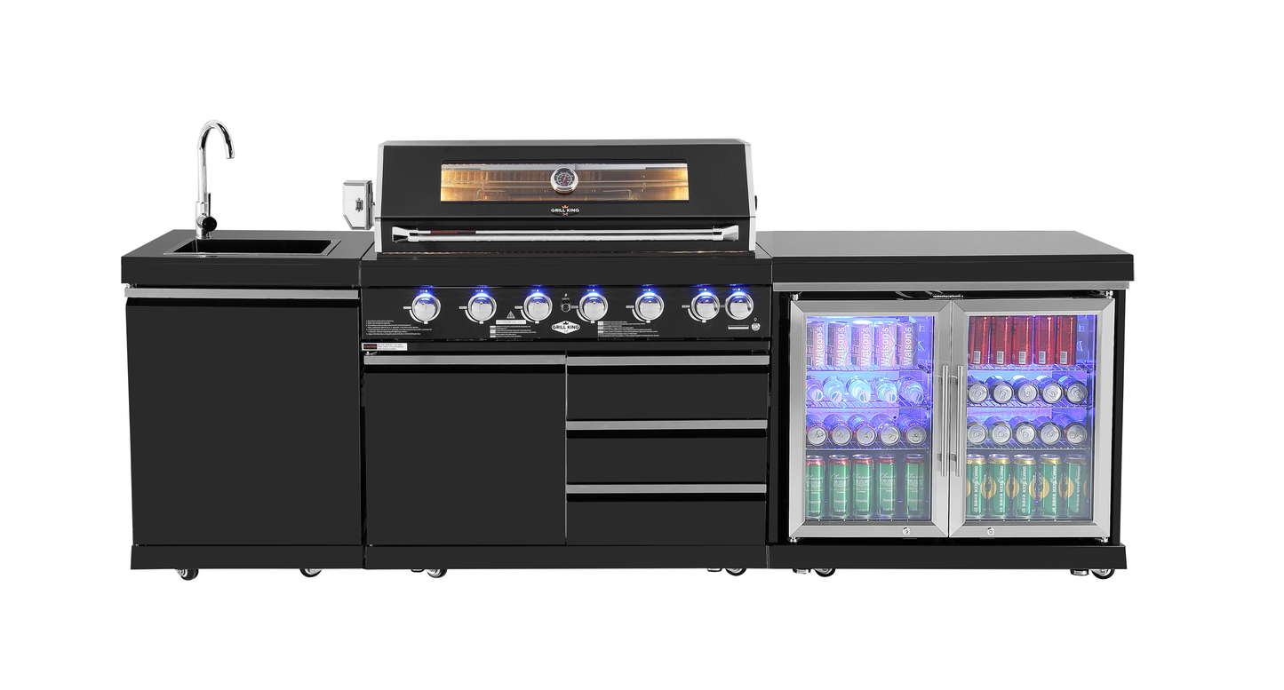 6 Burner Non Wok Black Stainless Steel BBQ Kitchen: Stone Bench, Fridge, Sink, Height Adjustable