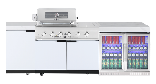 4-Burner + Wok SS Built-In BBQ Outdoor Kitchen with 208L Bar Fridge - Rockpool White