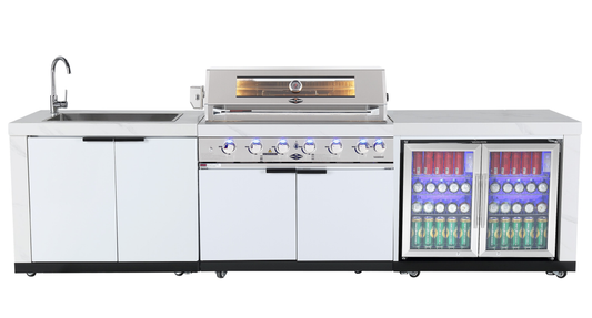 Rockpool 6B Non Wok: Designer Outdoor BBQ Kitchen Package Inc Fridge & Sink, Rotisserie, BBQ Cover, White Doors Hamptom Design 2.4M | 1DR Fridge + 1DR Sink