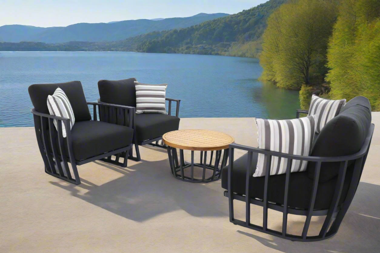 Black Maximus Aluminium Outdoor 4 Piece Lounge Set | Black Aluminium + Cusions